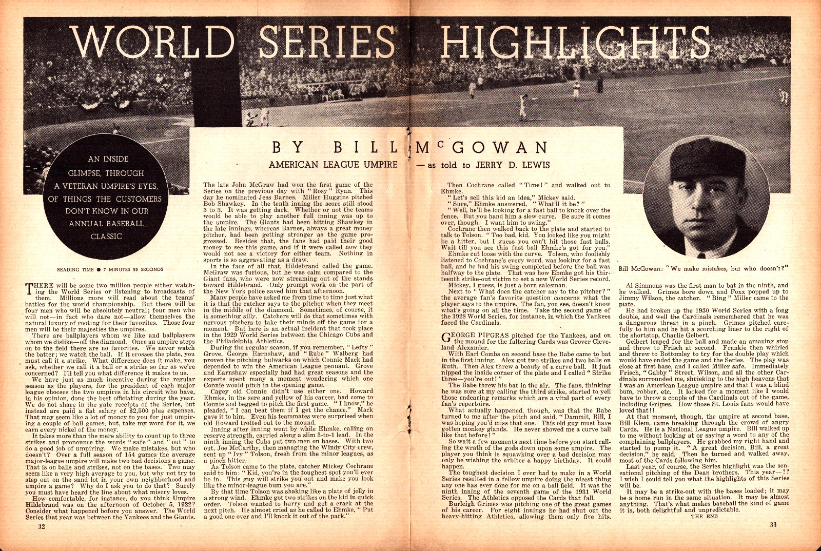 World Series Highlights by Bill McGowan Baseball Ump Vintage Print Article 1935 World Series Highlights by Bill McGowan Baseball Ump Vintage Print Article 1935