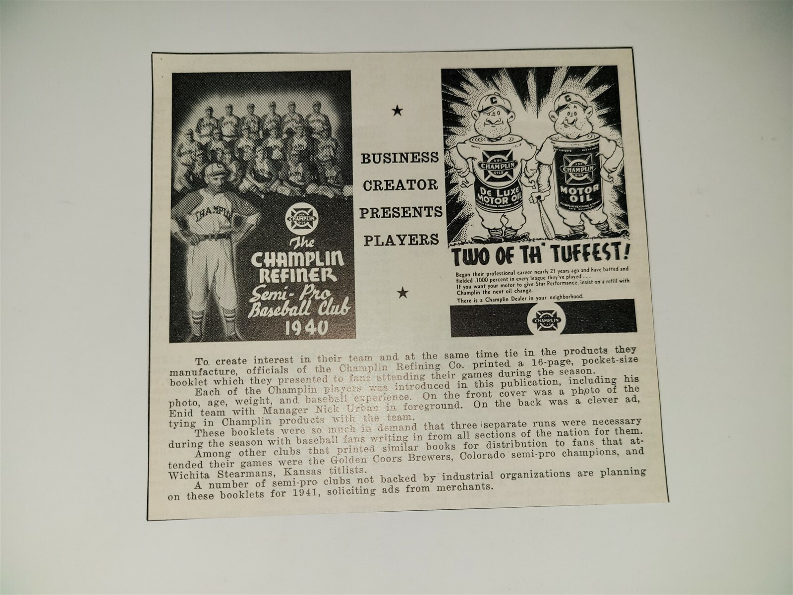 Champlin Refiners Enid Oklahoma Motor Oil 1940 Baseball Advertisement