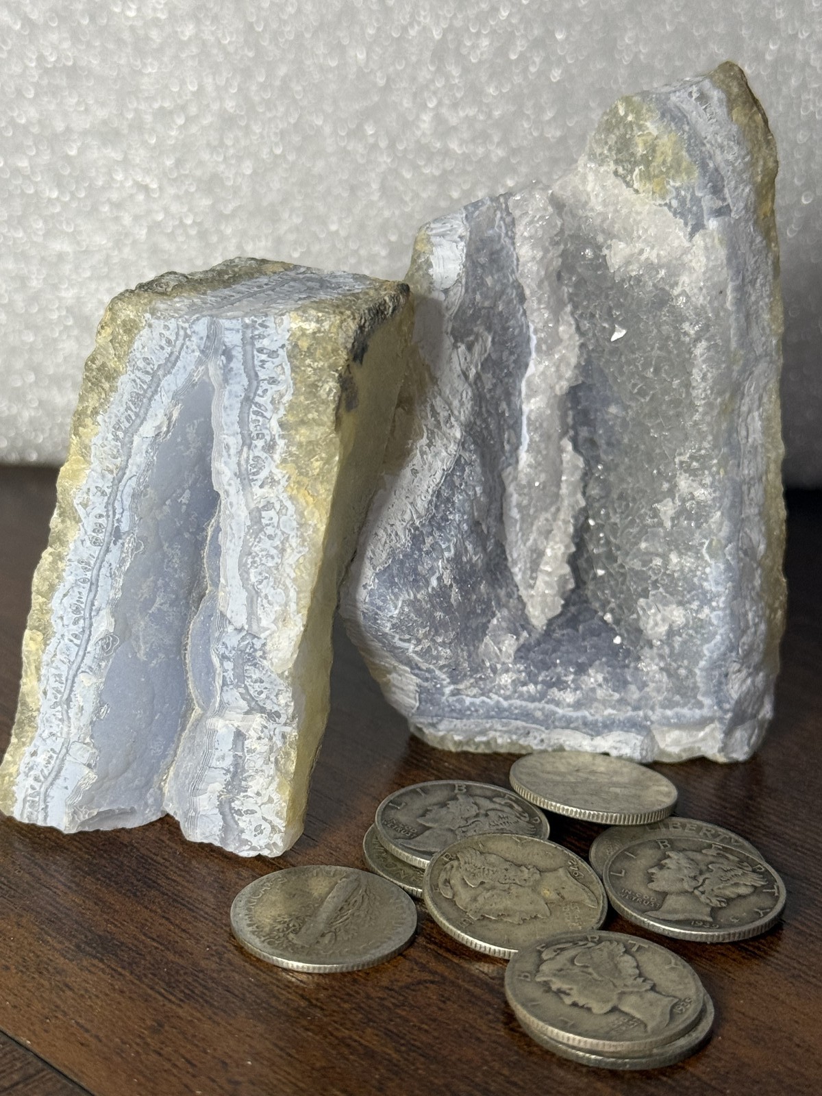 Blue Lace Agate Rough Stones, 2 Piece Lot, Raw Mineral Specimens & 10 90% Dimes Blue Lace Agate Rough Stones, 2 Piece Lot, Raw Mineral Specimens & 10 90% Dimes