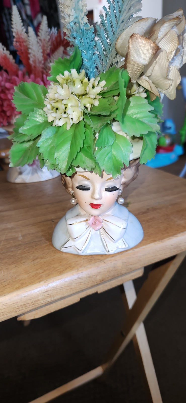 Inarco ~ Lady Head Planter E-1066 Japan Ceramic Vase Green Outfit *VINTAGE 1963 Inarco ~ Lady Head Planter E-1066 Japan Ceramic Vase Green Outfit *VINTAGE 1963