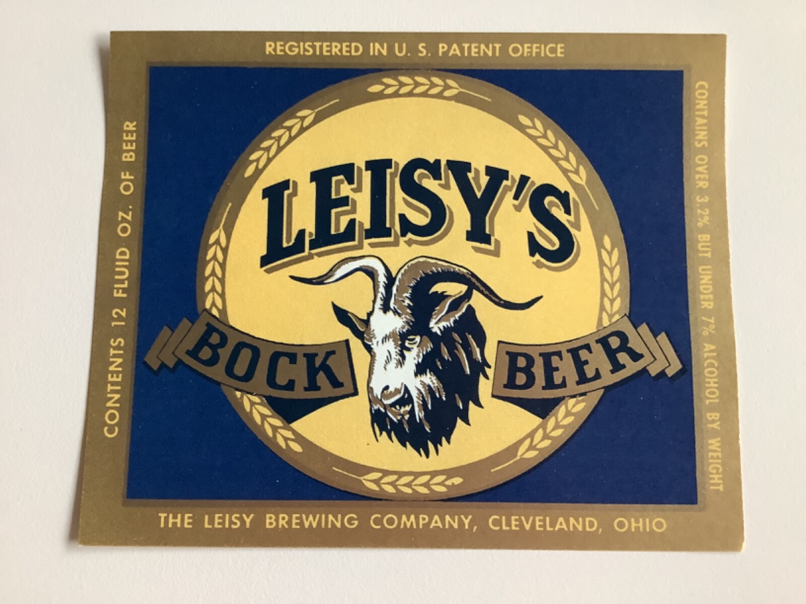 LEISY’S BOCK BEER LABEL, LEISY BREWING CLEVELAND OHIO, VINTAGE 1950s ABW 3.2-7%