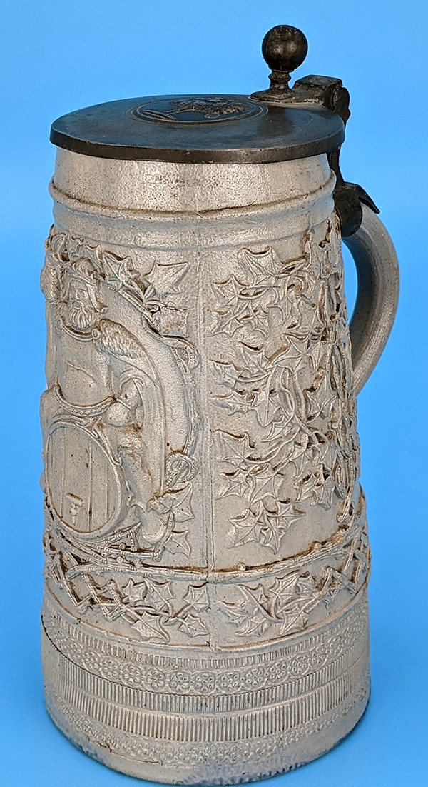 Antique c1870s German Regensburg Salt Glaze Stoneware Beer Stein King Gambrinus