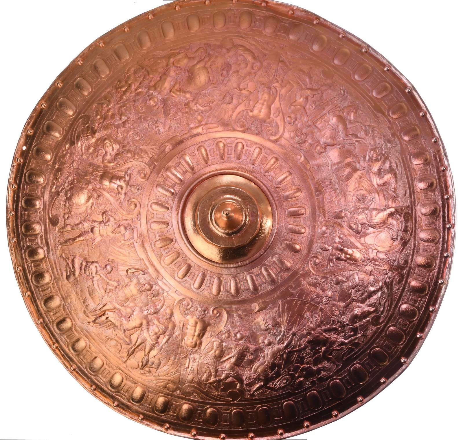 19th CENTURY BRASS COPY OF THE CELLINI SHIELD ON DISPLAY IN WINDSOR CASTLE. 722 19th CENTURY BRASS COPY OF THE CELLINI SHIELD ON DISPLAY IN WINDSOR CASTLE. 722