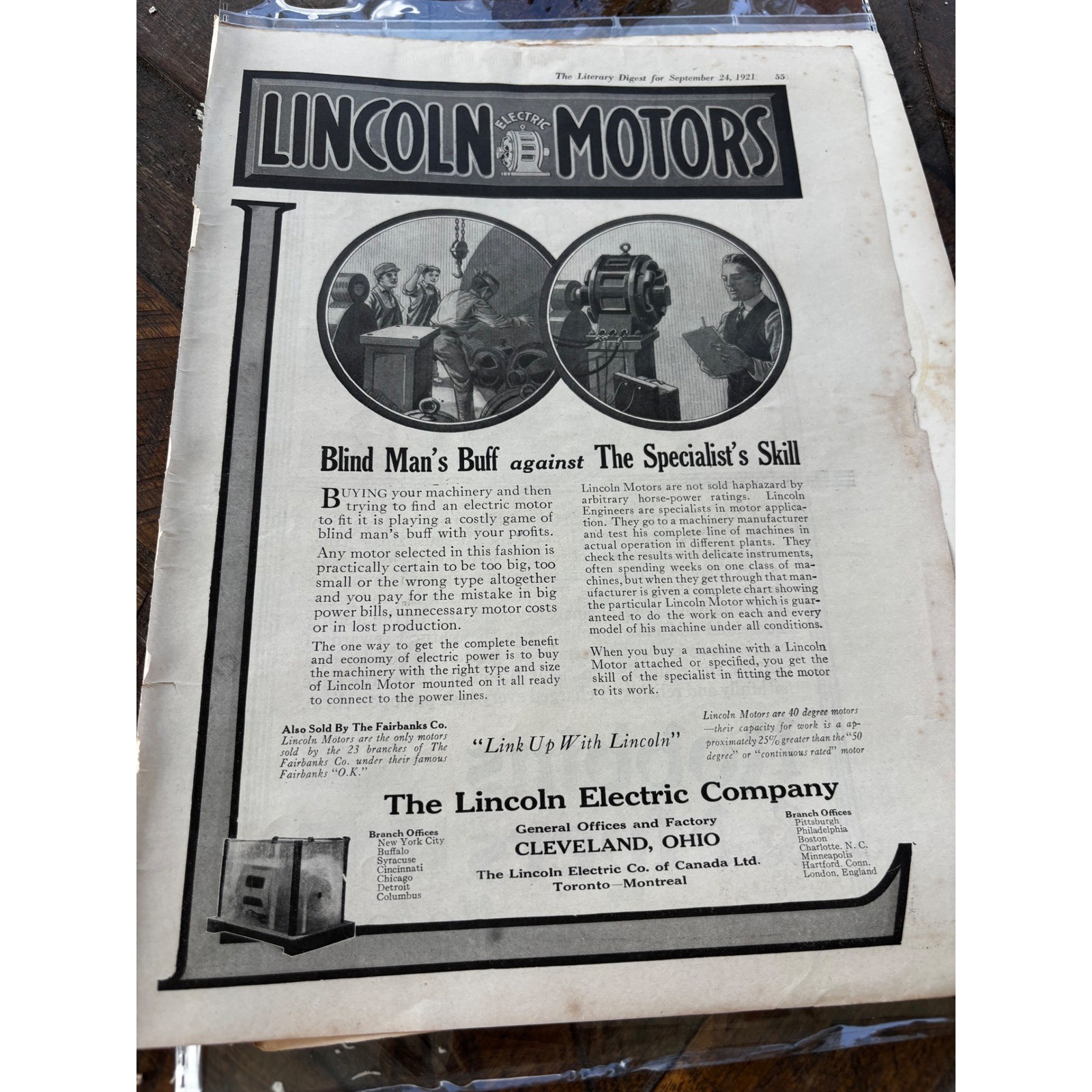 Vintage 1921 Lincoln Electric Motors Print Ad Robbins & Myers Industrial Art