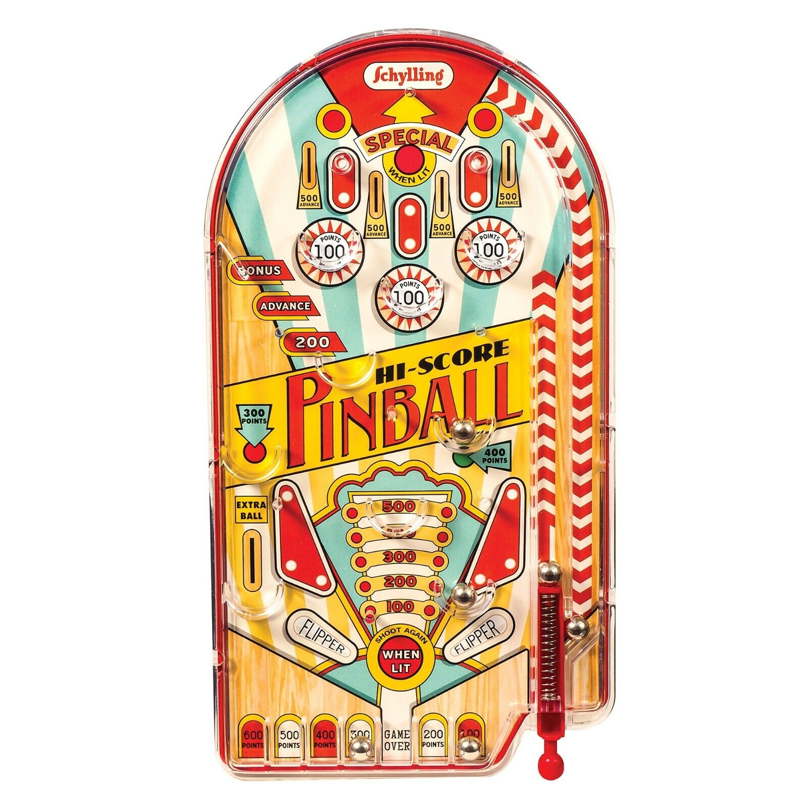 Hi Score Pinball, pull the plunger & shoot 6 steel balls into the playing field.