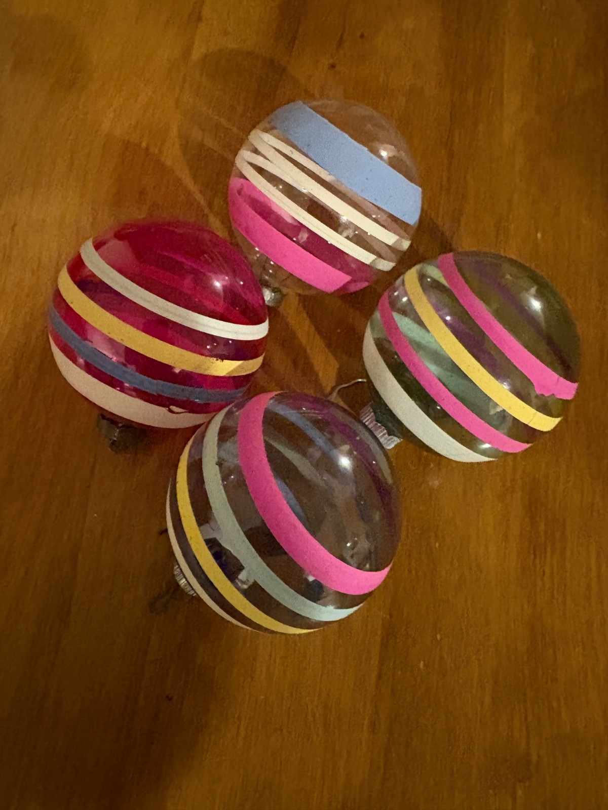 (4) large Vintage Shiny Bright unsilvered striped Christmas ornaments 3’’ (4) large Vintage Shiny Bright unsilvered striped Christmas ornaments 3’’