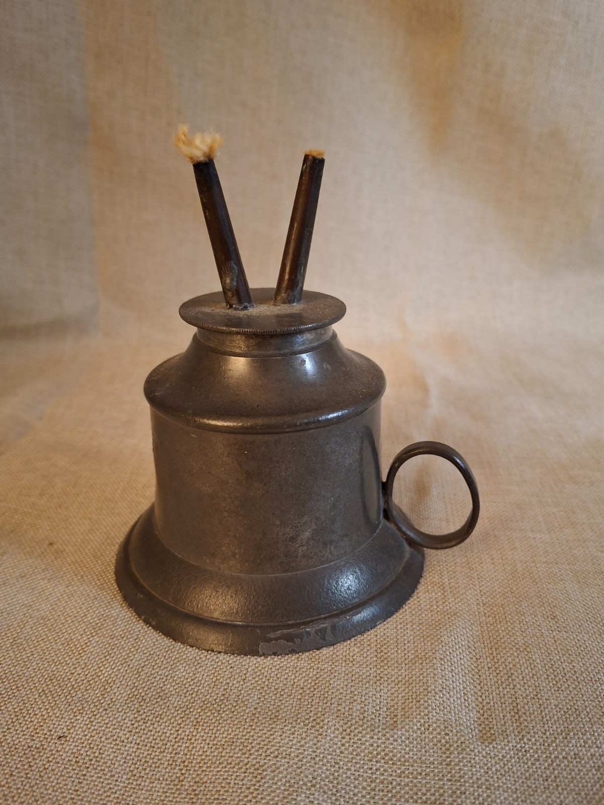 Antique 1840s Pewter Bell Finger Lamp Double Tube Camphene Whale Oil Burner 4.5\