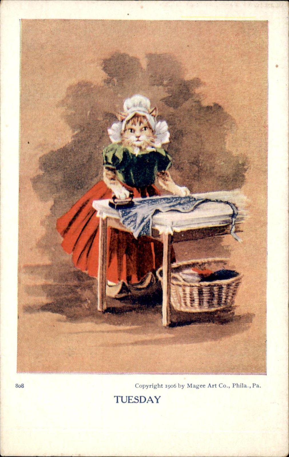 Cat ironing a shirt Day of Week Series TUESDAY Magee Art Co. c1906 Postcard bhn Cat ironing a shirt Day of Week Series TUESDAY Magee Art Co. c1906 Postcard bhn