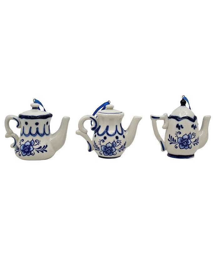 Kurt Adler Porcelain Delft Blue Teapot Ornaments - Set of 3