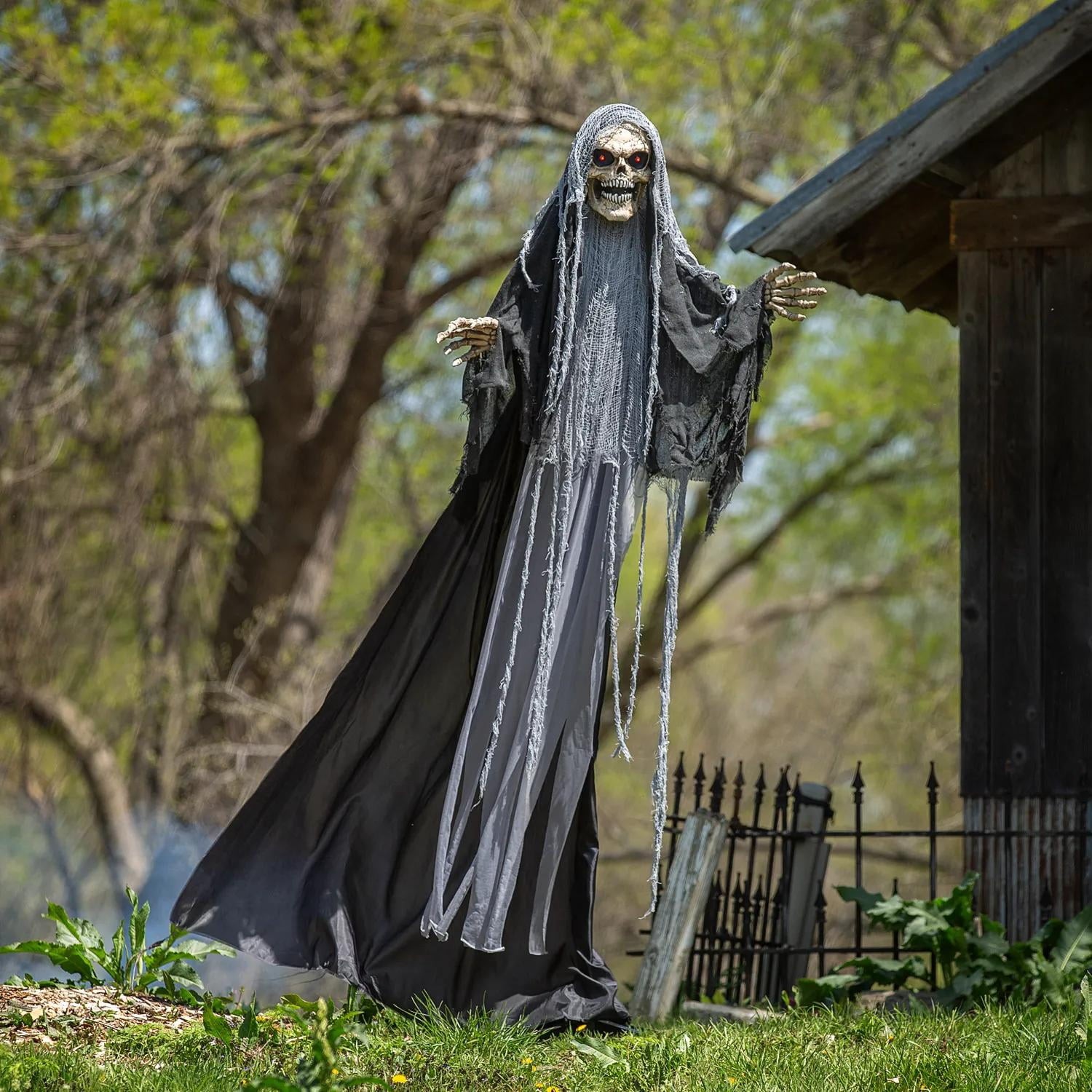 6 Ft. Black & Gray Skeleton Reaper Animated Prop Standing Halloween Decoration 6 Ft. Black & Gray Skeleton Reaper Animated Prop Standing Halloween Decoration