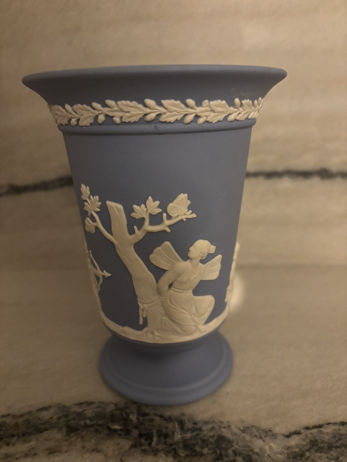 Wedgwood Blue Jasperware Flared Trumpet Pedestal Vase marked Made in England Wedgwood Blue Jasperware Flared Trumpet Pedestal Vase marked Made in England