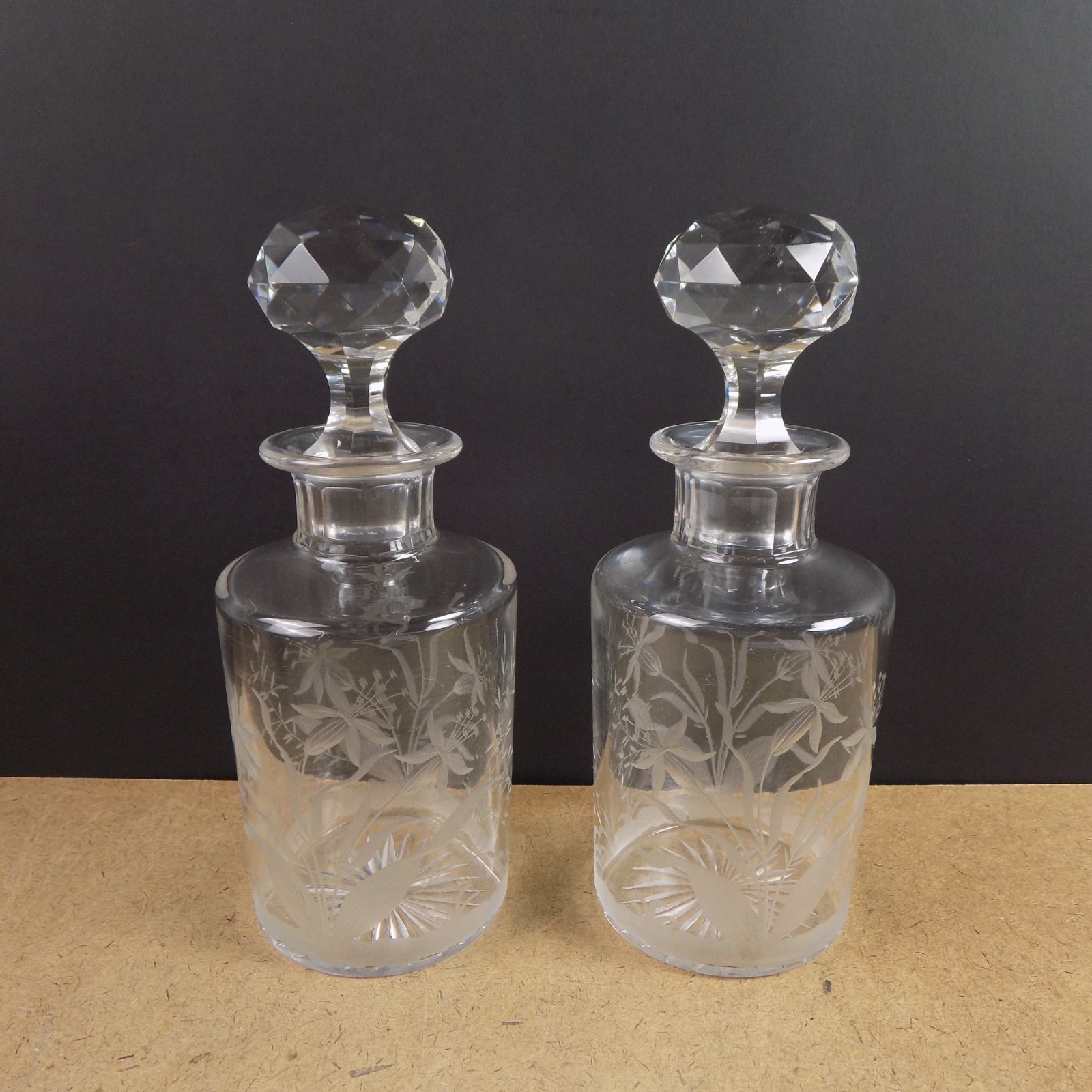 Pair of Antique Floral Engraved Glass Cologne Dresser Bottles 8\