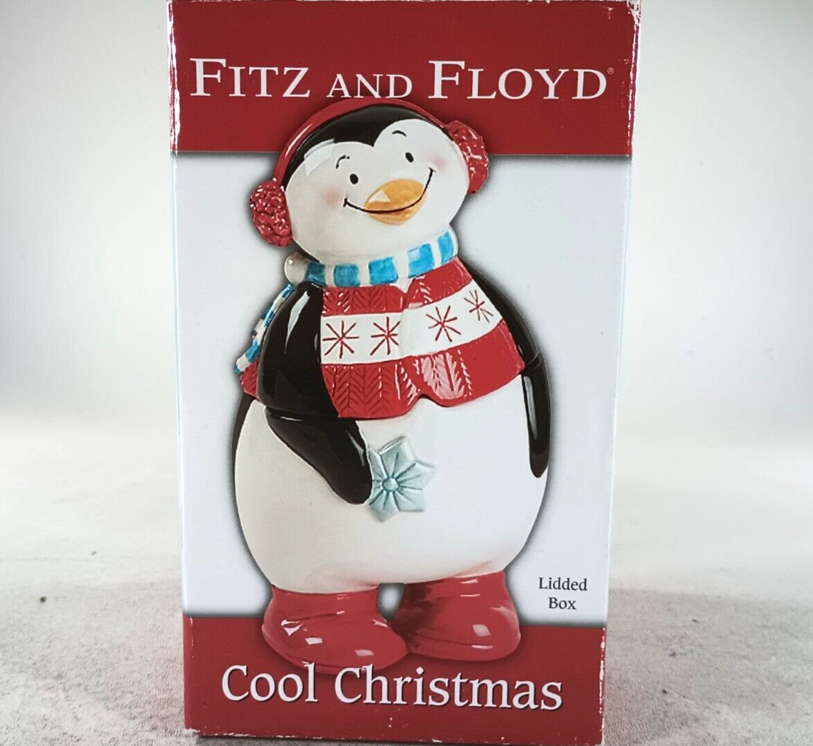 Fitz And Floyd Cool Christmas Penguin Lidded Box Santa Hat Party Server