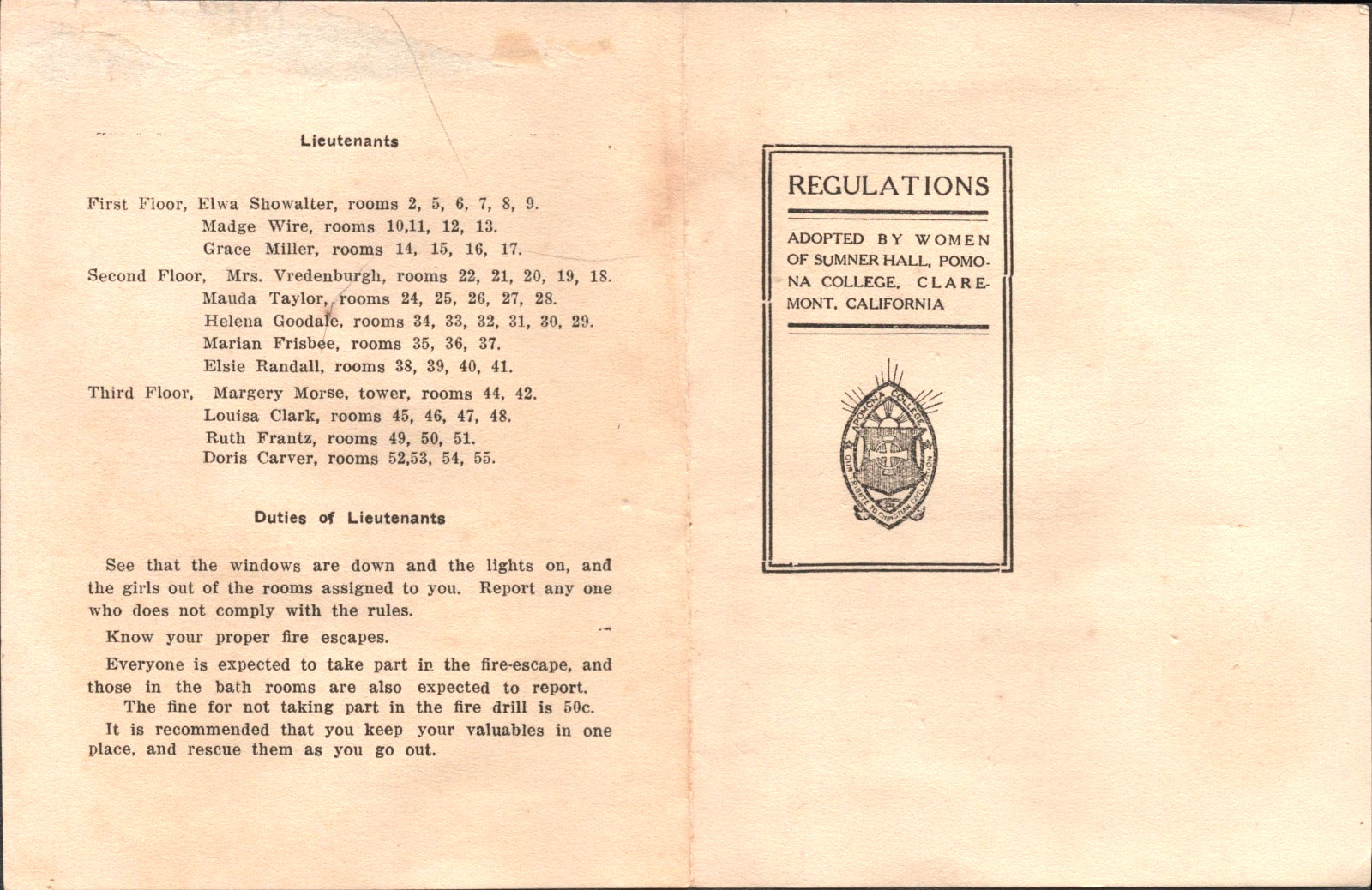 1920s Pomona College Regulations Women of Sumner Hall Claremont California Vtg 1920s Pomona College Regulations Women of Sumner Hall Claremont California Vtg