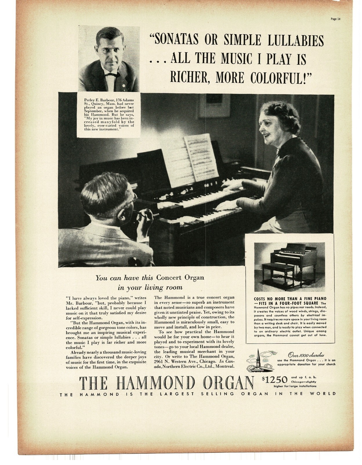 1937 Hammond Organ wife plays for husband Vintage Ad Perley Barbour Quincy MA