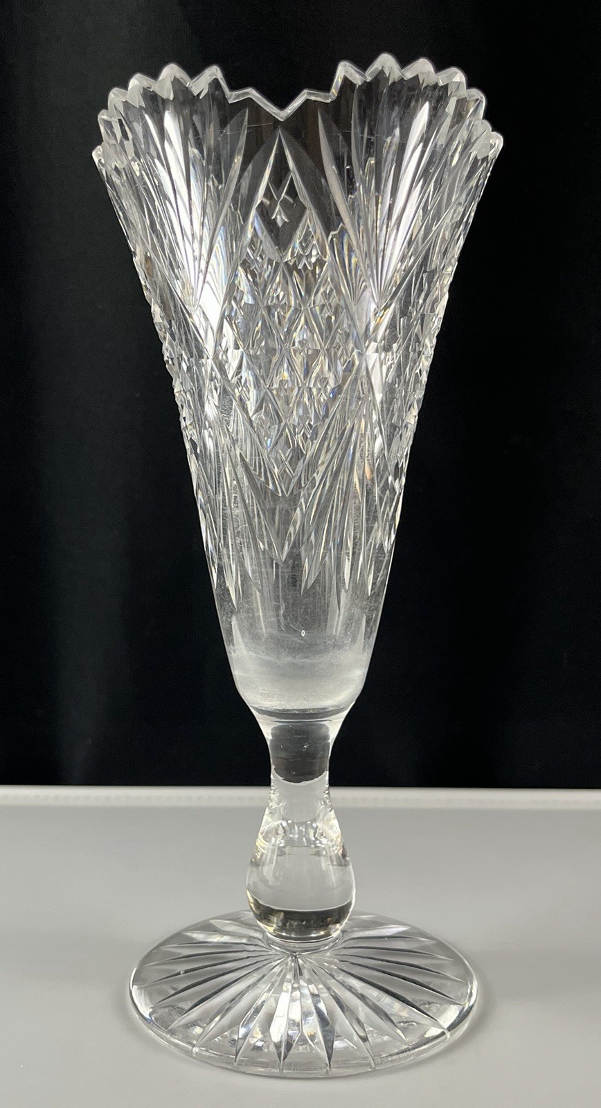 Cut Crystal Footed Trumpet Vase Sawtooth Rim Starburst Base 8 Inch Vintage