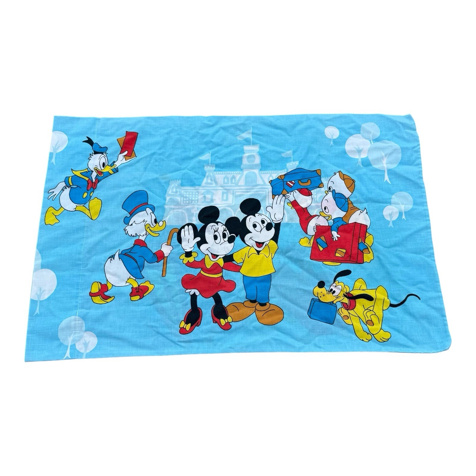 Vintage 70s Walt Disney Mickey Minnie Double Sided Pillowcase Blue Castle