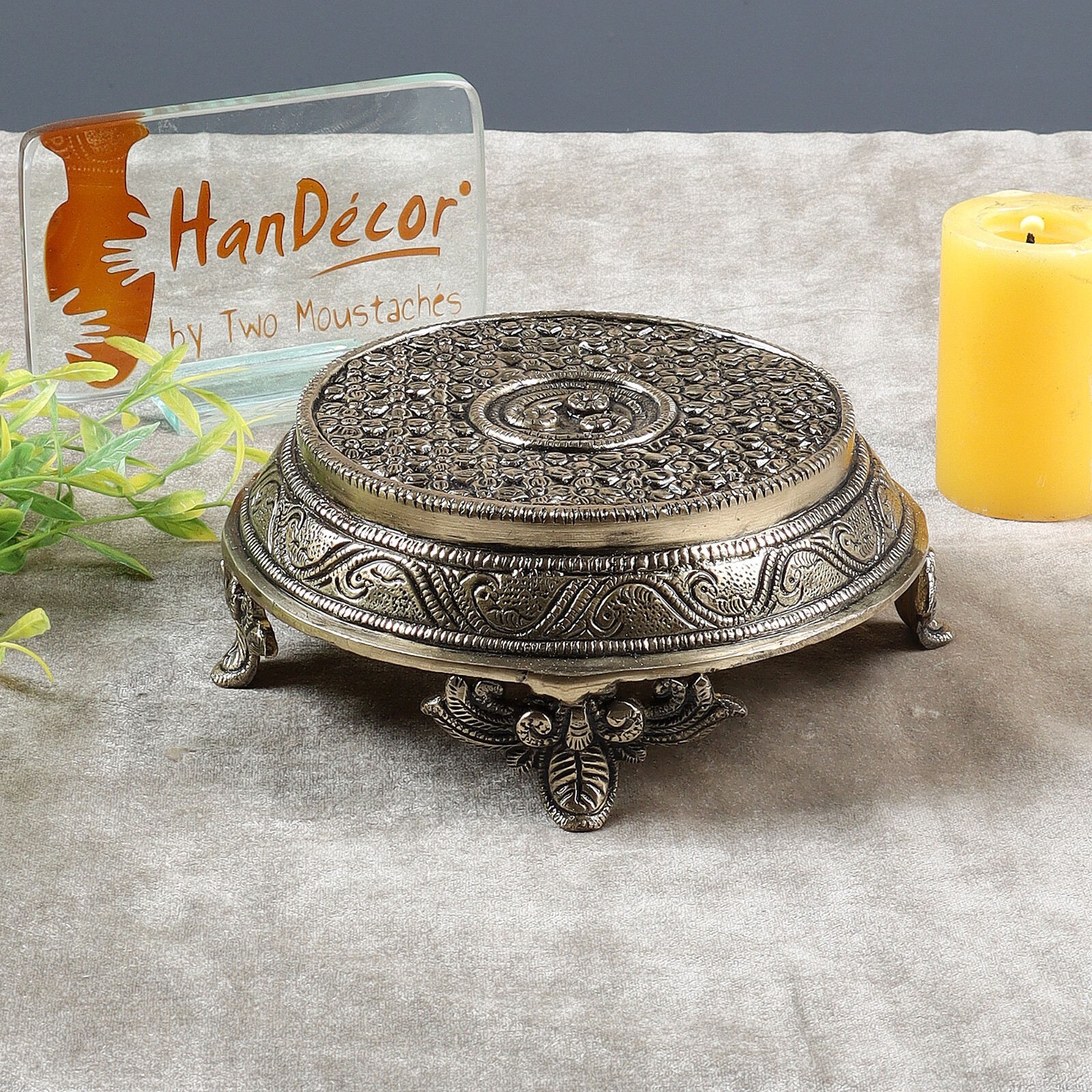 Ethnic Indian Handcrafted Round Brass Chowki with 4 Carved Legs Ethnic Indian Handcrafted Round Brass Chowki with 4 Carved Legs
