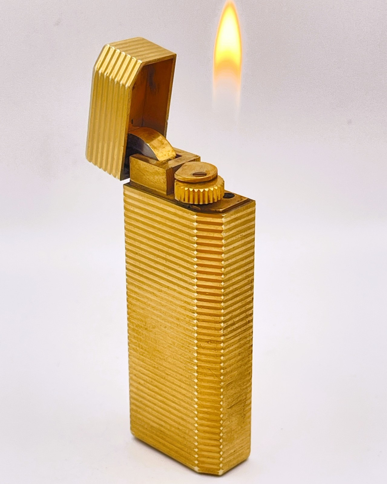 Cartier Vintage WORKING Pentagon Lighter Gold Horizontal Stripes w/Gold Trim 80s Cartier Vintage WORKING Pentagon Lighter Gold Horizontal Stripes w/Gold Trim 80s