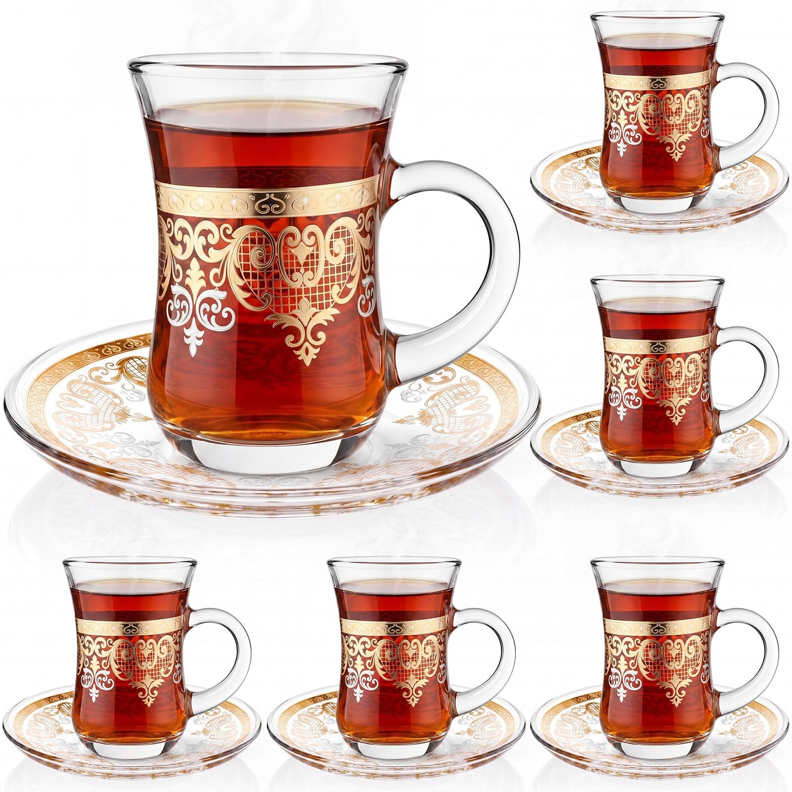 Geetery 6 Set Turkish Tea Glasses with Saucers, Vintage 5 oz, gold and clear Geetery 6 Set Turkish Tea Glasses with Saucers, Vintage 5 oz, gold and clear