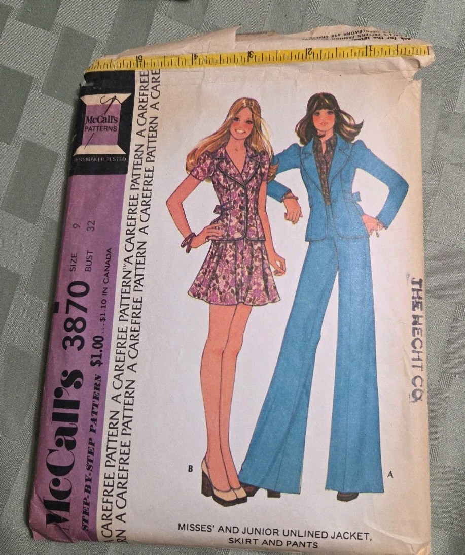Vintage 1970s McCall’s 3870 Pattern Jacket Skirt Bell Bottom Pants Size 32 CUT