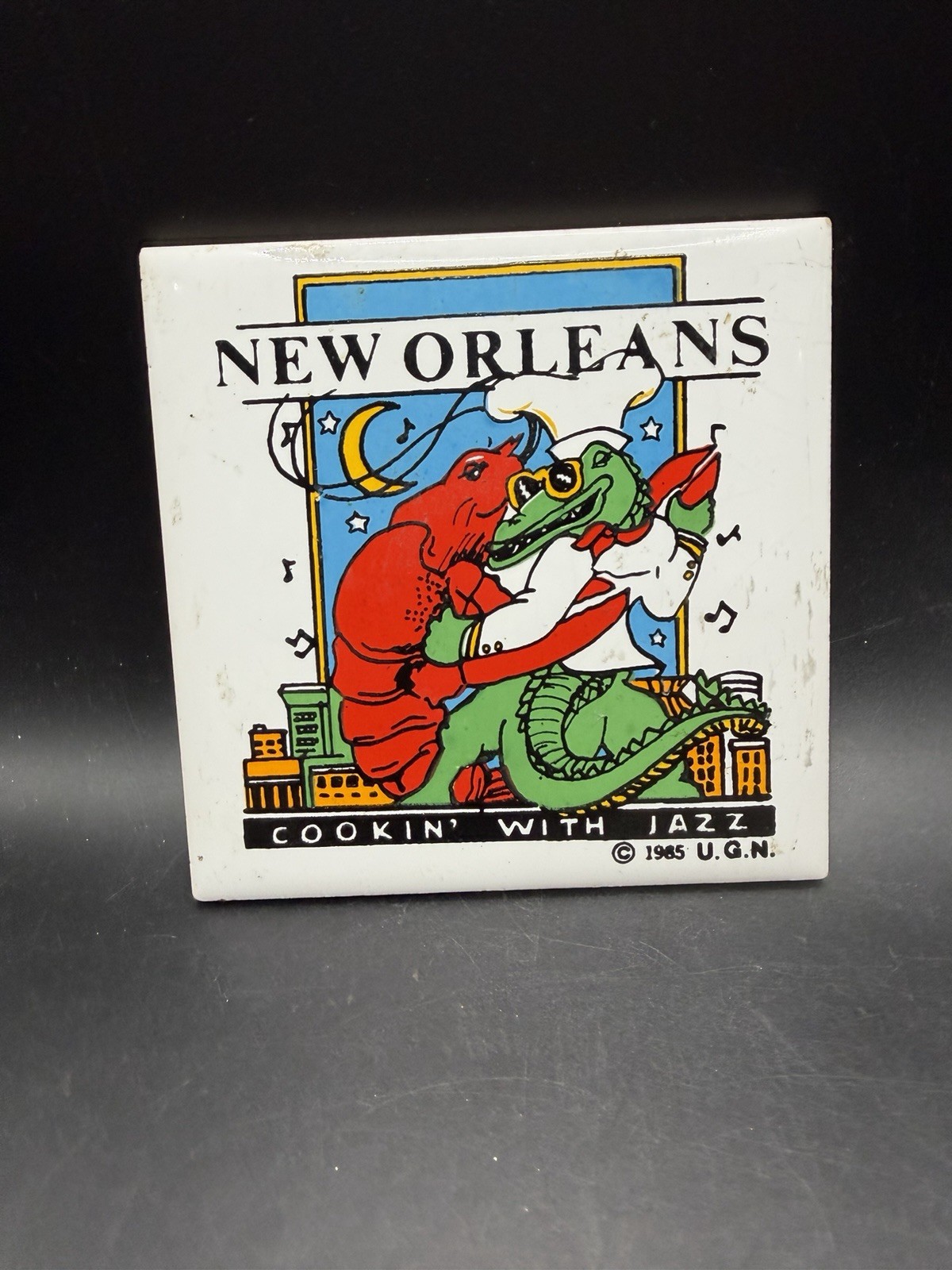 Vtg 1985 New Orleans Cookin With Jazz Tile Trivet Alligator Crawfish UGN 