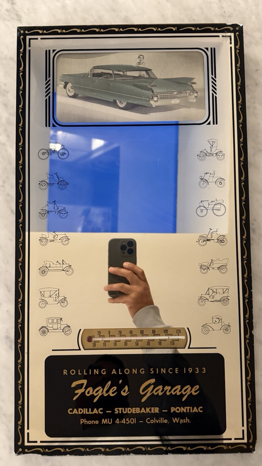 Vintage 1950s Cadillac Repair Fogles Garage Advertising Mirror Thermometer Sign