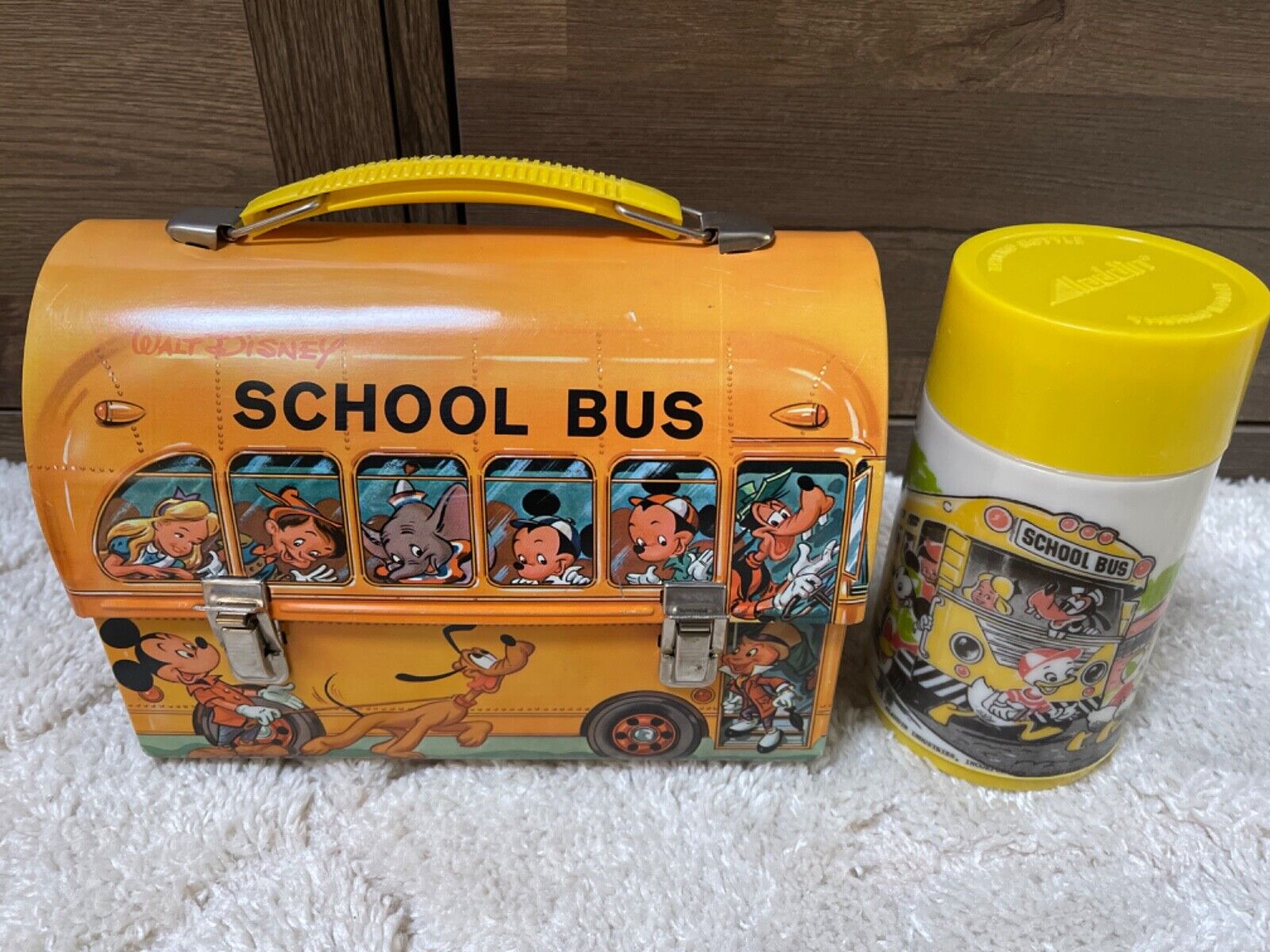 Vintage 1960s Walt Disney School Bus Metal Lunch Box & Thermos Good Condition