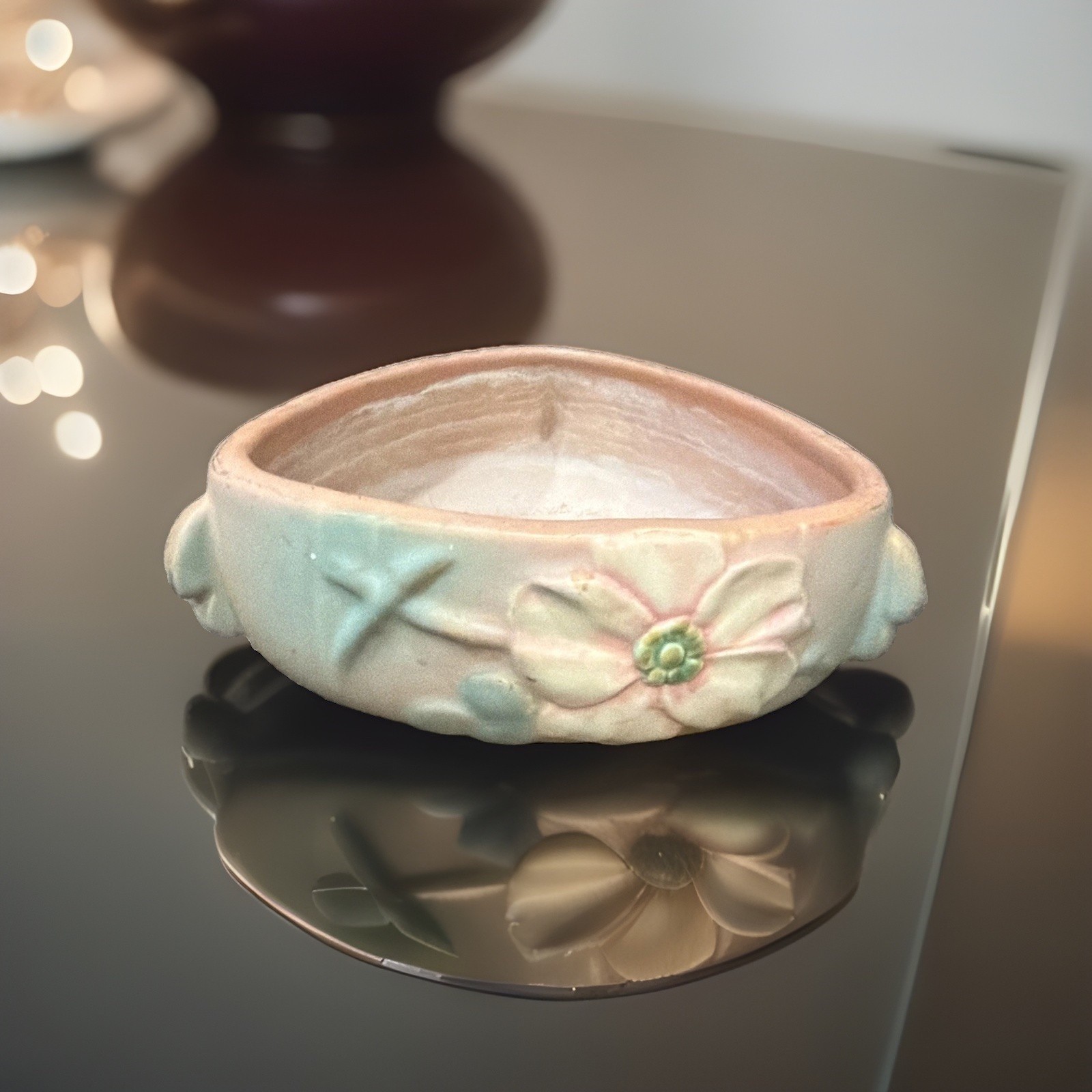 Vintage Weller Triangular Art Pottery Bowl Circo 1930-40’s Wild Rose Decor 6 1/2 Vintage Weller Triangular Art Pottery Bowl Circo 1930-40’s Wild Rose Decor 6 1/2