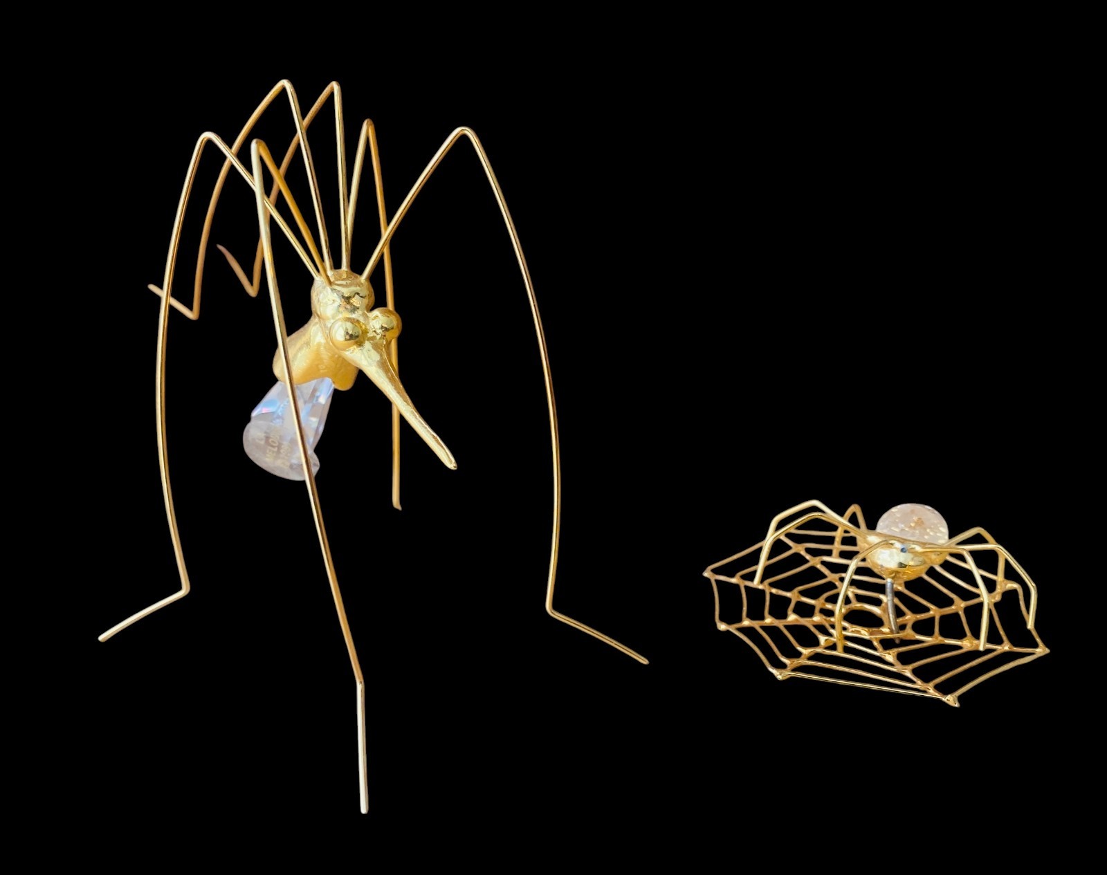La Melodie 1980 Gold Wire Sculpture Spider With Abstract Crystal Spider Web 3 Pc