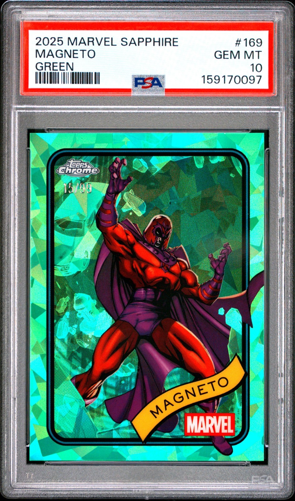 2025 Topps Chrome Marvel Sapphire Magneto Green Parallel /99 #169 PSA 10 2025 Topps Chrome Marvel Sapphire Magneto Green Parallel /99 #169 PSA 10