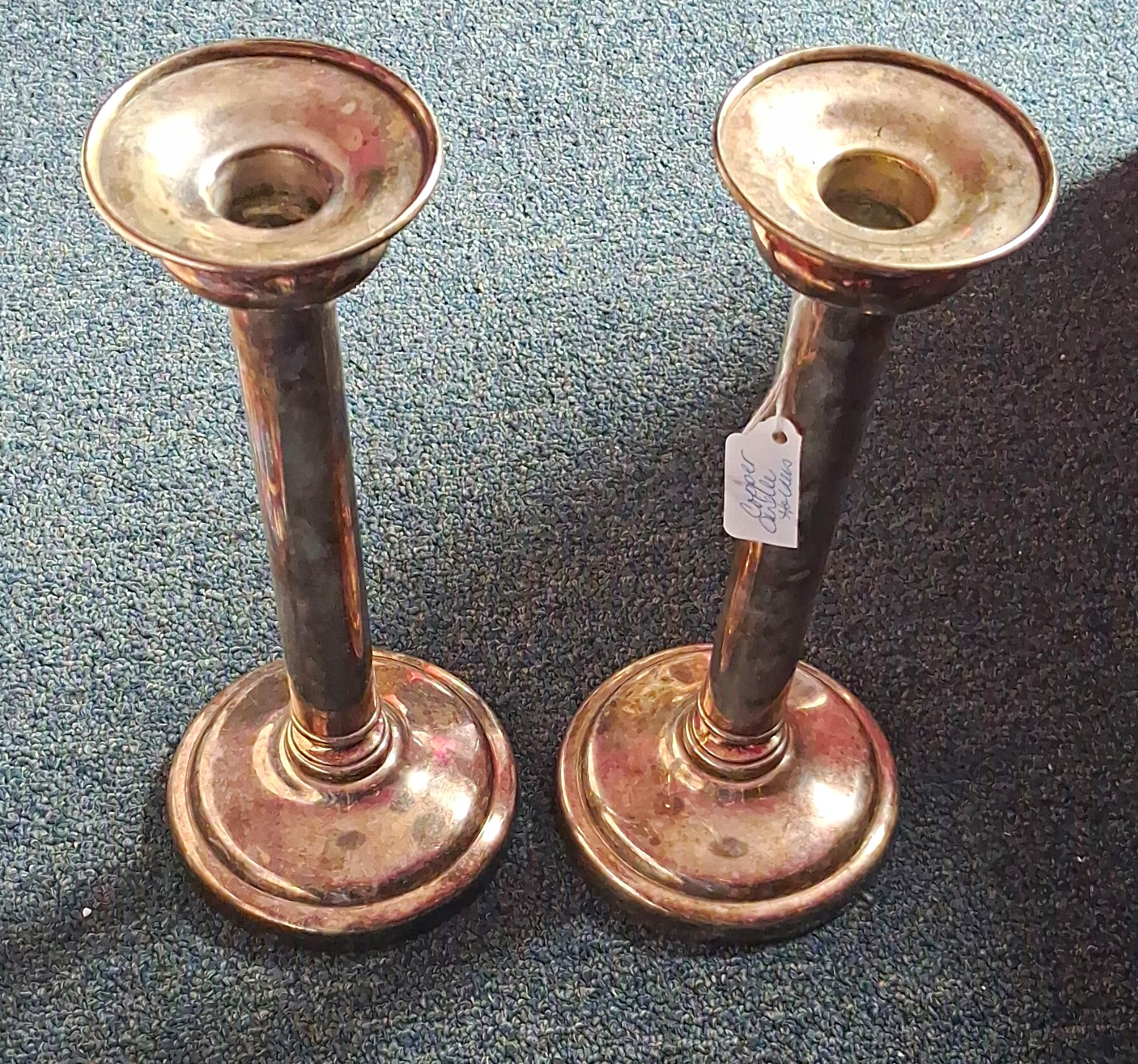 JOS. HEINRICH'S Pair Copper Taper Candle Holders Engraved Round Vintage JOS. HEINRICH'S Pair Copper Taper Candle Holders Engraved Round Vintage