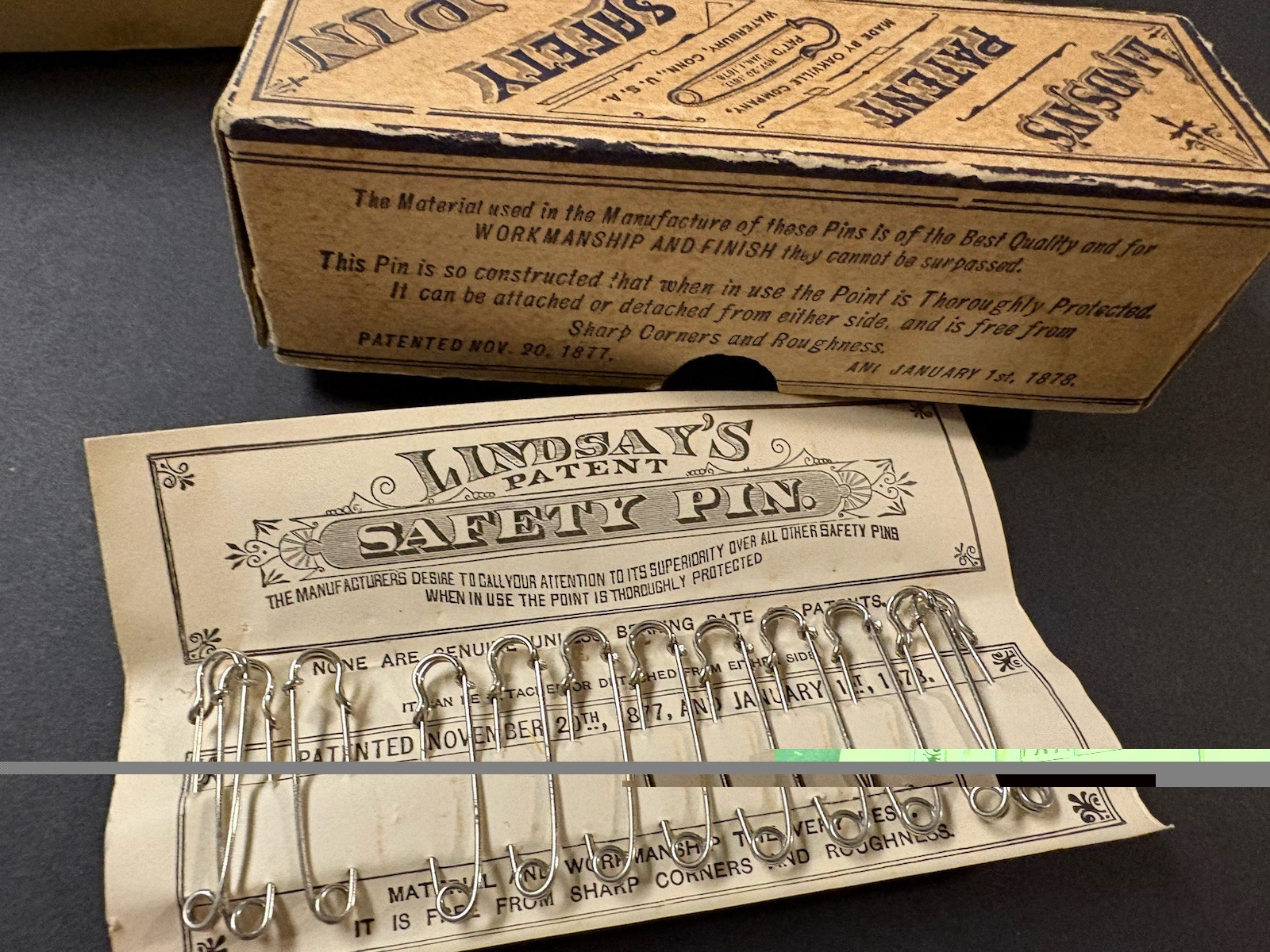 Antique 1878 Lindsay's Patent Safety Pins Carded Set Oakville Co Waterbury CT Antique 1878 Lindsay's Patent Safety Pins Carded Set Oakville Co Waterbury CT