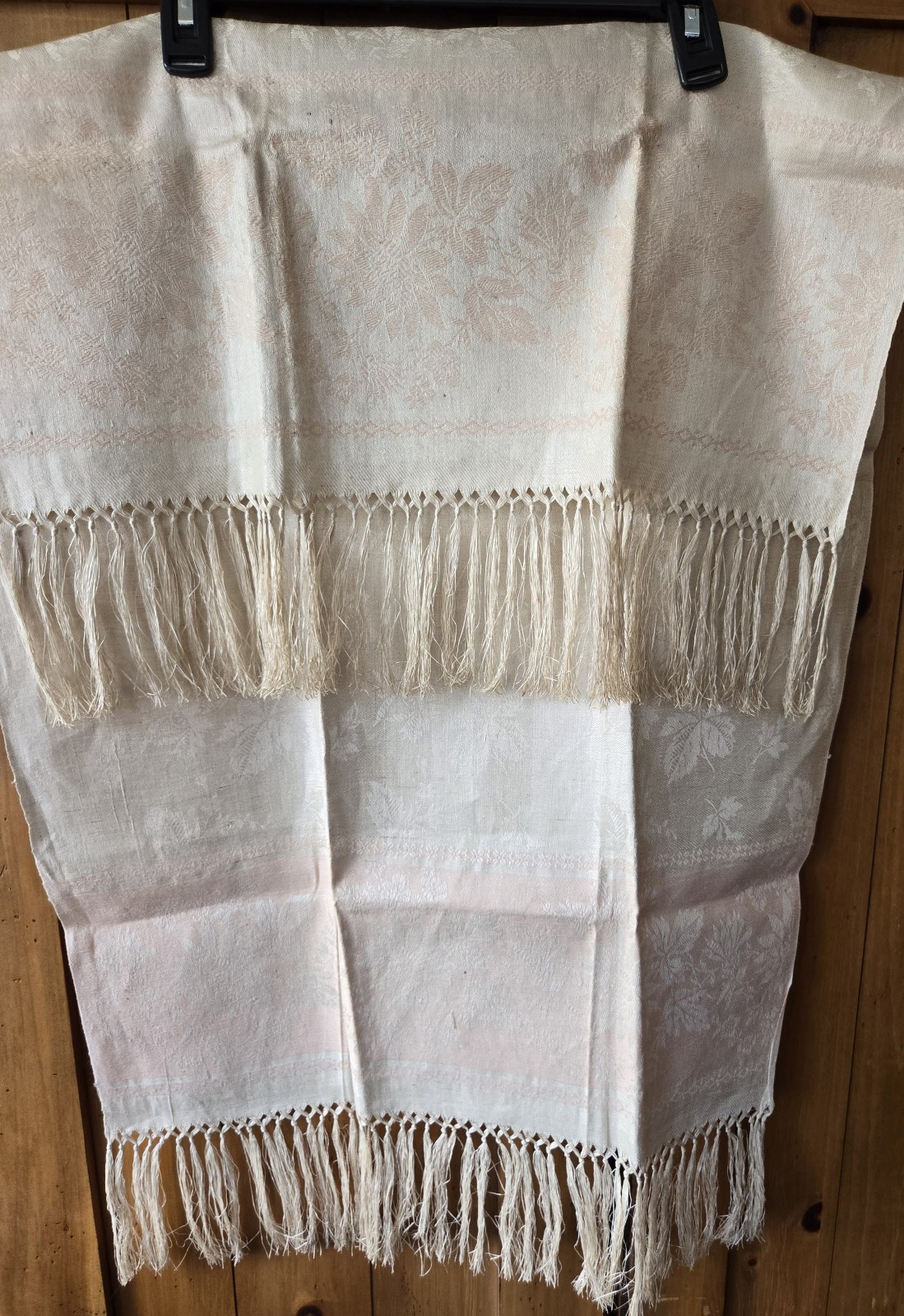 Antique 19thc Pink Damask and Cream Tea Guest Table Runner Towel with Fringe Antique 19thc Pink Damask and Cream Tea Guest Table Runner Towel with Fringe