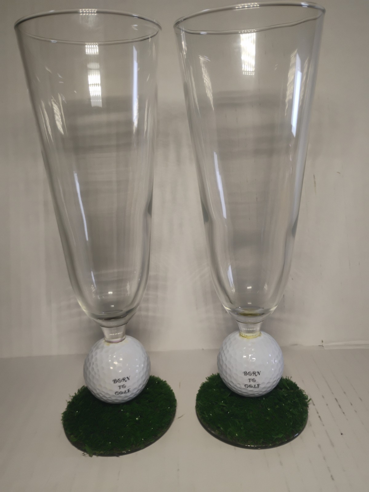 VTG 1999ish Born to Golf Pilsner Beer Glasses W/ Golf Ball Stems Pair Pre-owned
