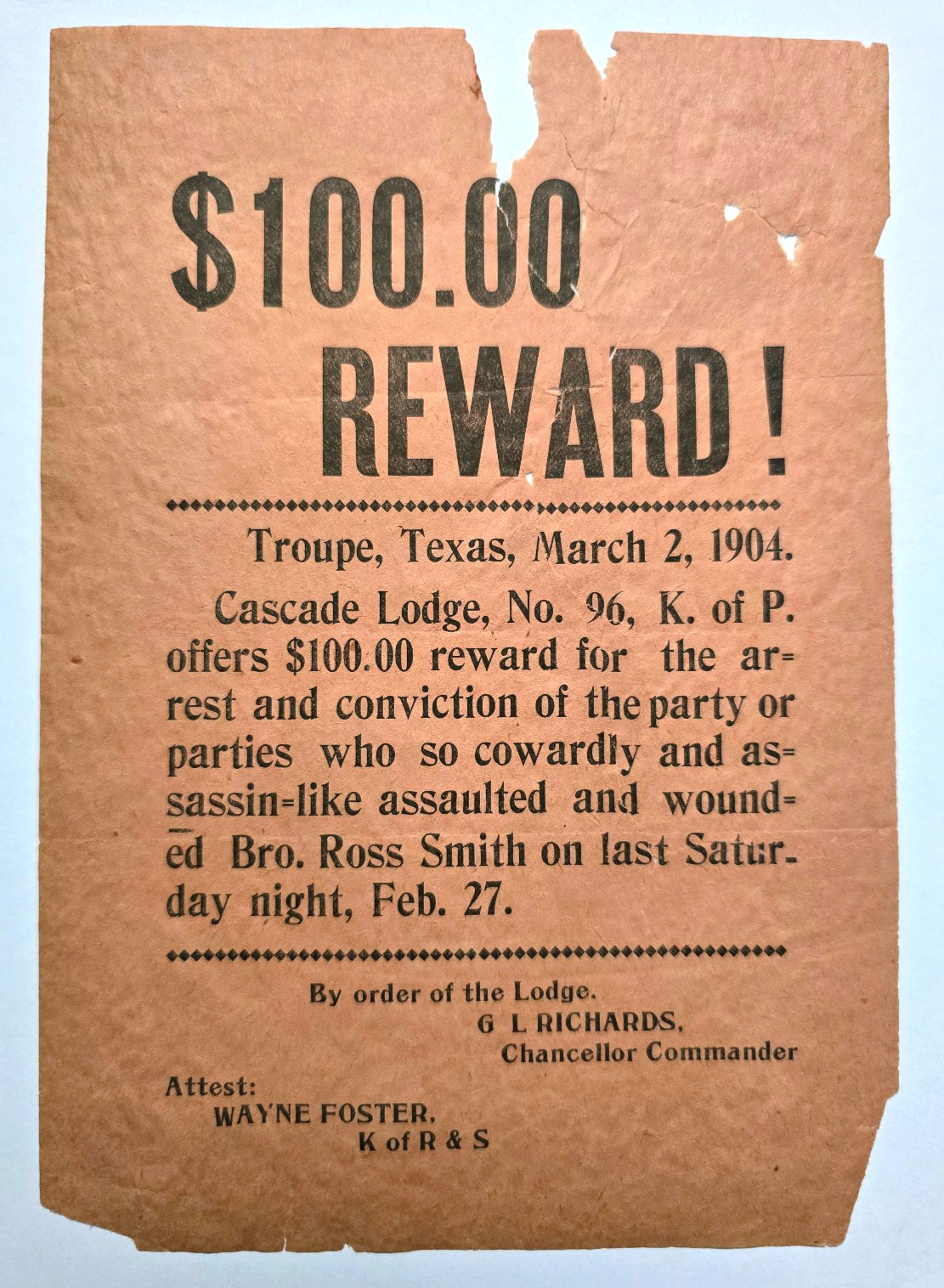 Antique Texas Wanted $100.00 REWARD Poster / Troupe, TX, March 2, 1904 Antique Texas Wanted $100.00 REWARD Poster / Troupe, TX, March 2, 1904