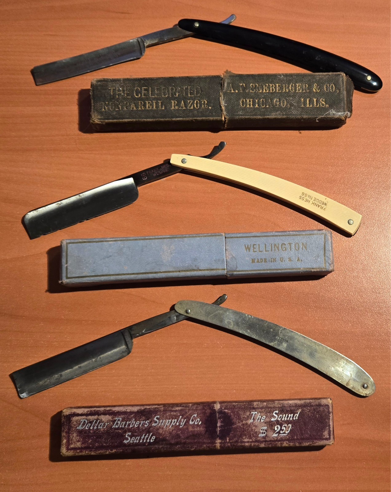 Three Antique Straight Razors With Boxes - Monarch - Hess 66 - Tiemann Three Antique Straight Razors With Boxes - Monarch - Hess 66 - Tiemann