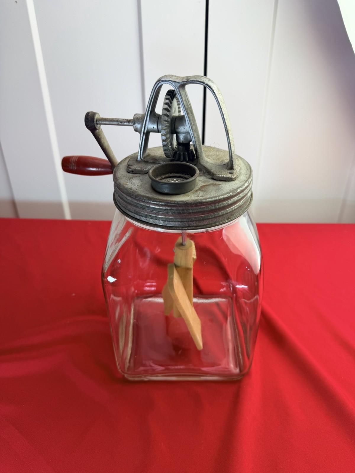 Vtg Dazey No 4 Butter Churn 4 Qt Red Football Top Wood Paddle Glass Jar 14”