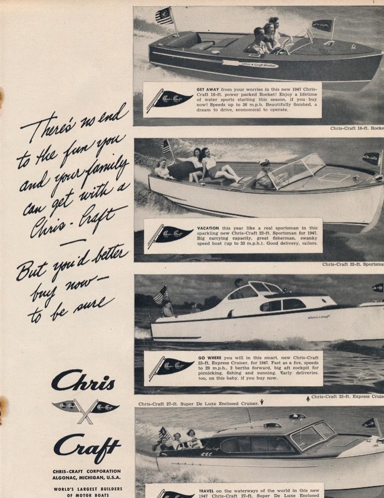 Magazine Ad - 1947 - Chris Craft Boats - Algonac, MI - 4 models shown -(#3)
