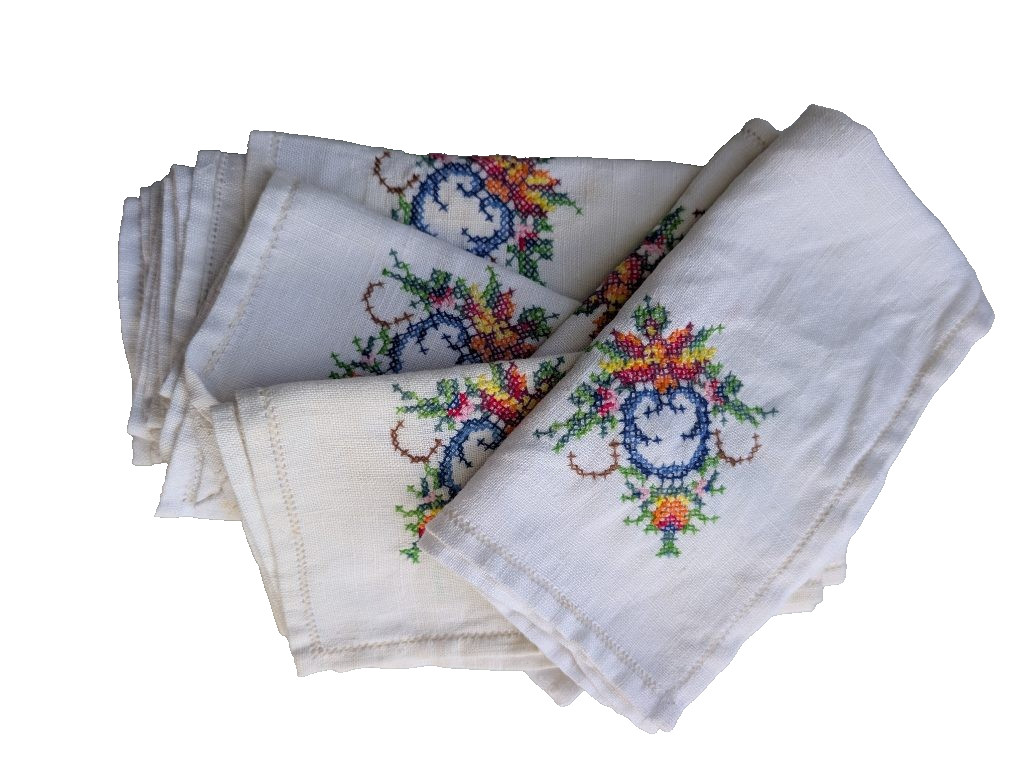 Vintage Linen Napkins Set Cross Stitch Floral Embroidery Hemstitch 15in Lot 7