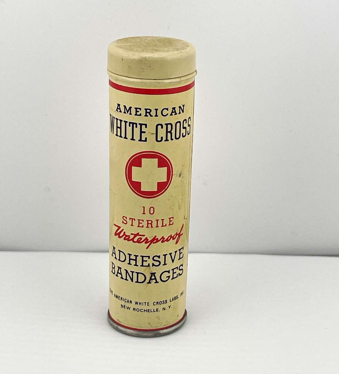 Vintage 1940s American White Cross Bandage Tin Can Cylinder Apothecary Display