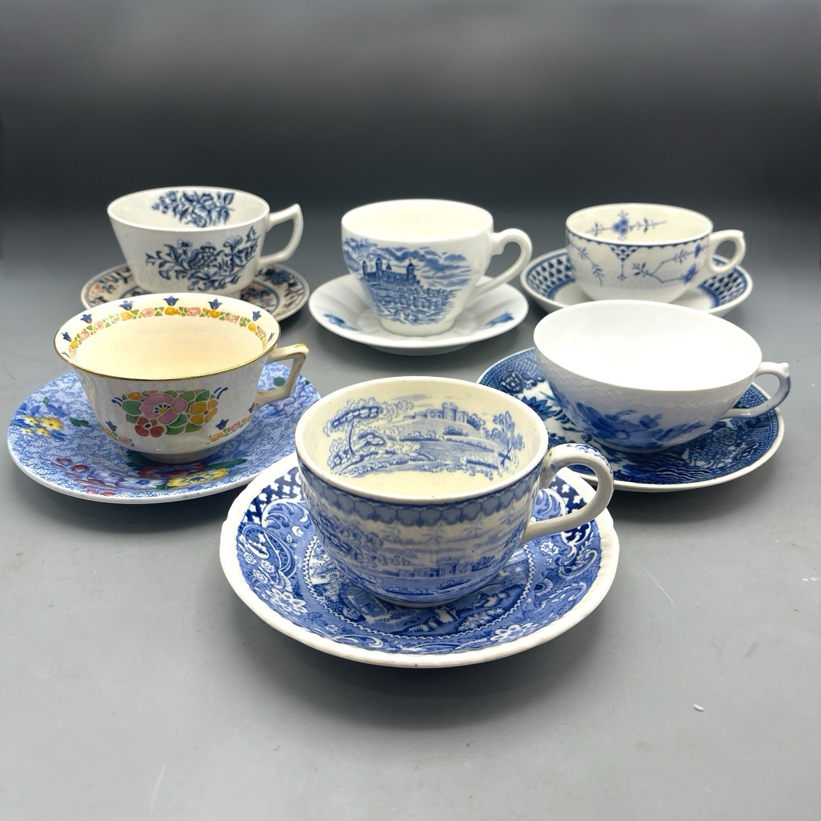 Vintage Mismatched Blue And White Tea Cups And Saucers Six Sets Vintage Mismatched Blue And White Tea Cups And Saucers Six Sets