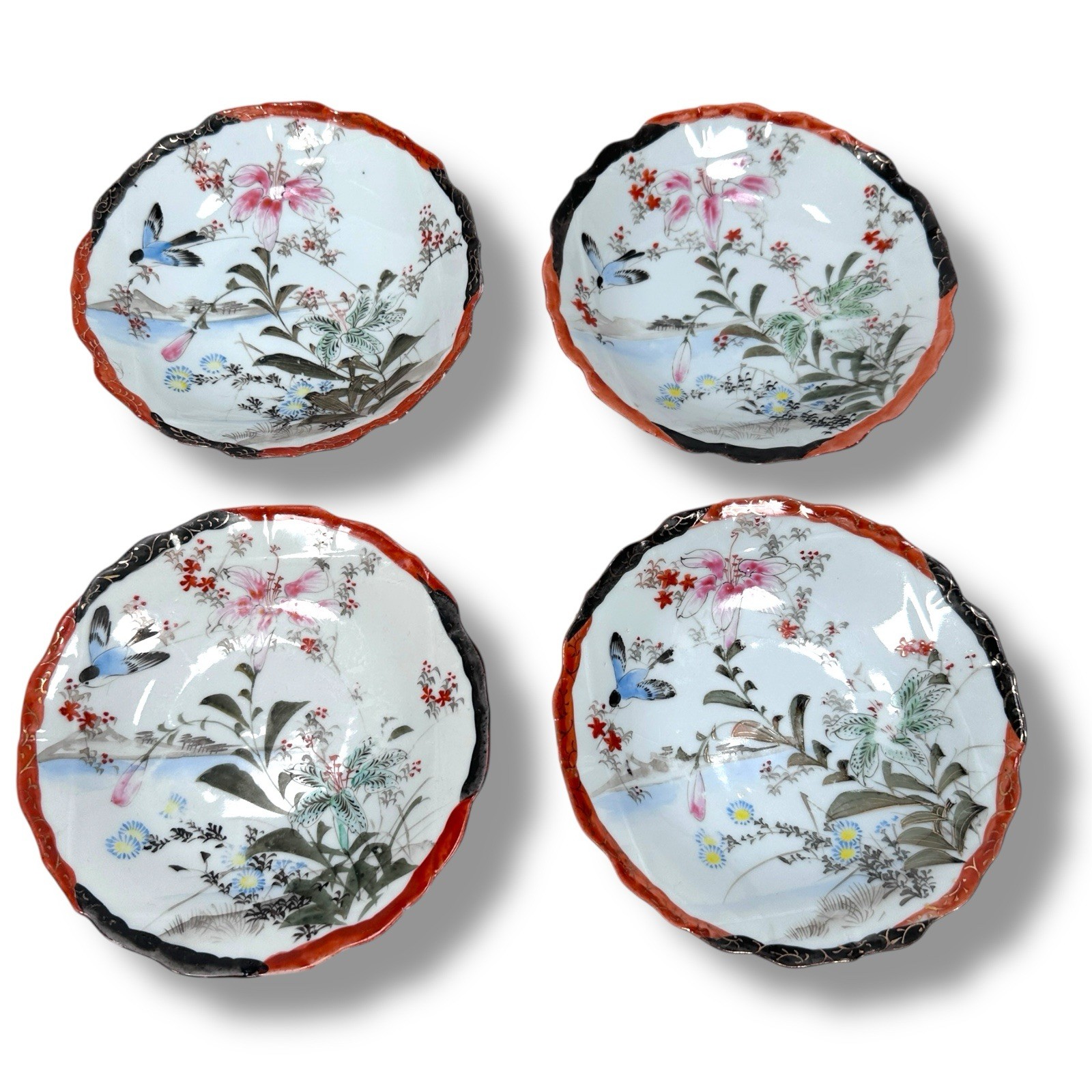 Antique Japanese Porcelain Plates Birds Floral Set of 4 High Rimmed Hand Painted Antique Japanese Porcelain Plates Birds Floral Set of 4 High Rimmed Hand Painted