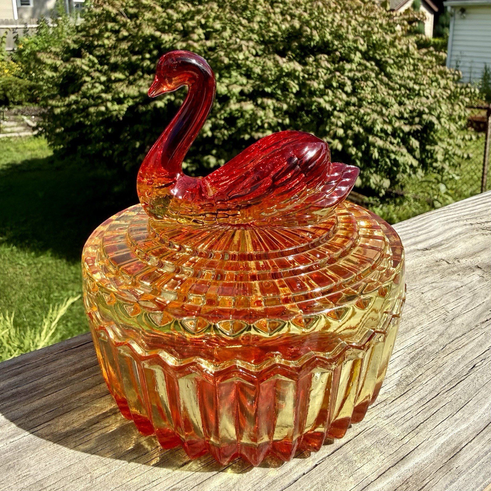 Vintage Jeannette Glass Amberina Swan Lidded Powder or Trinket Dish