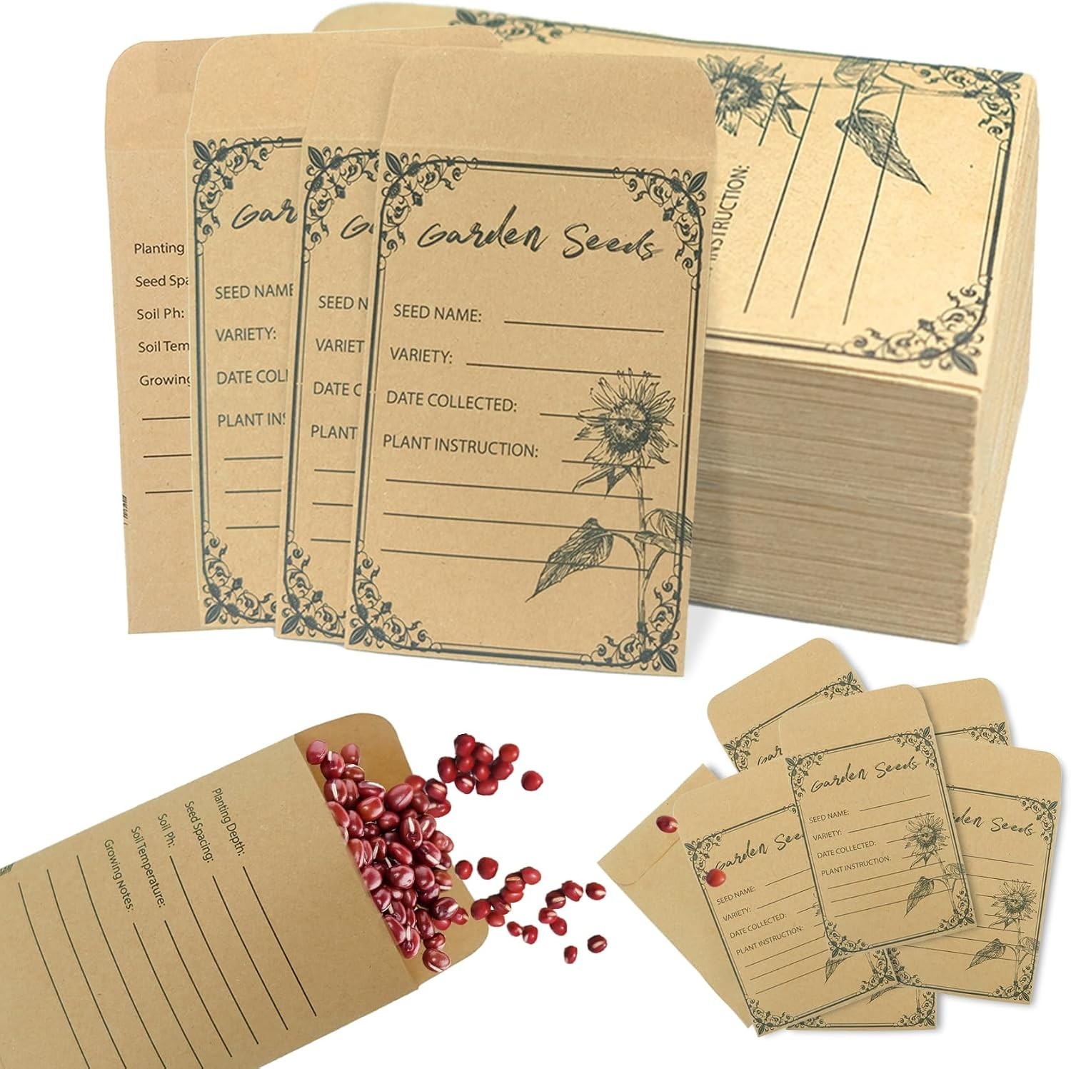 100 Pack Seed Storage Envelopes Kraft Paper Self Seal Garden Seed Packets