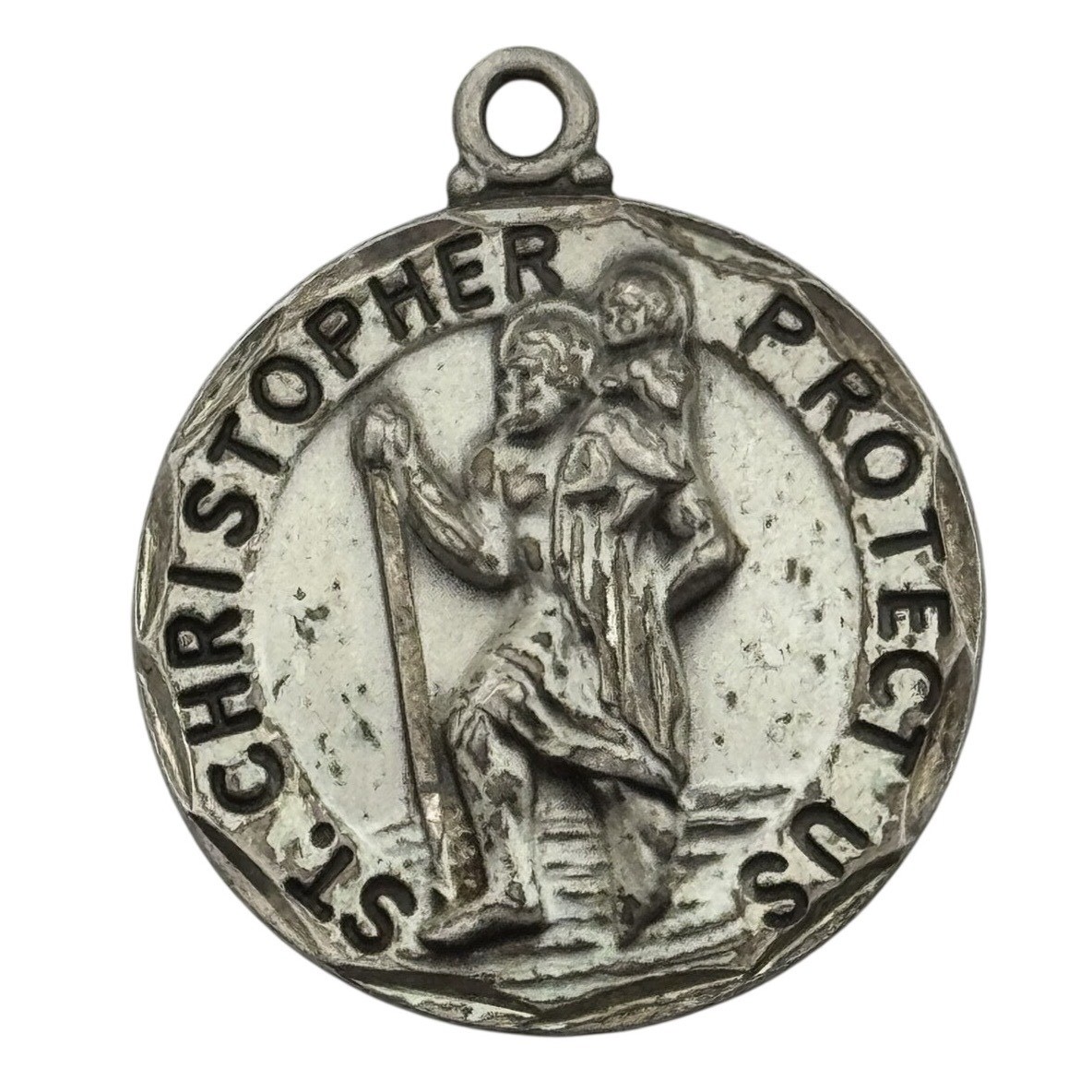 Vintage St Saint Christopher Protect Us Sterling Silver Religious Medal Signed K Vintage St Saint Christopher Protect Us Sterling Silver Religious Medal Signed K