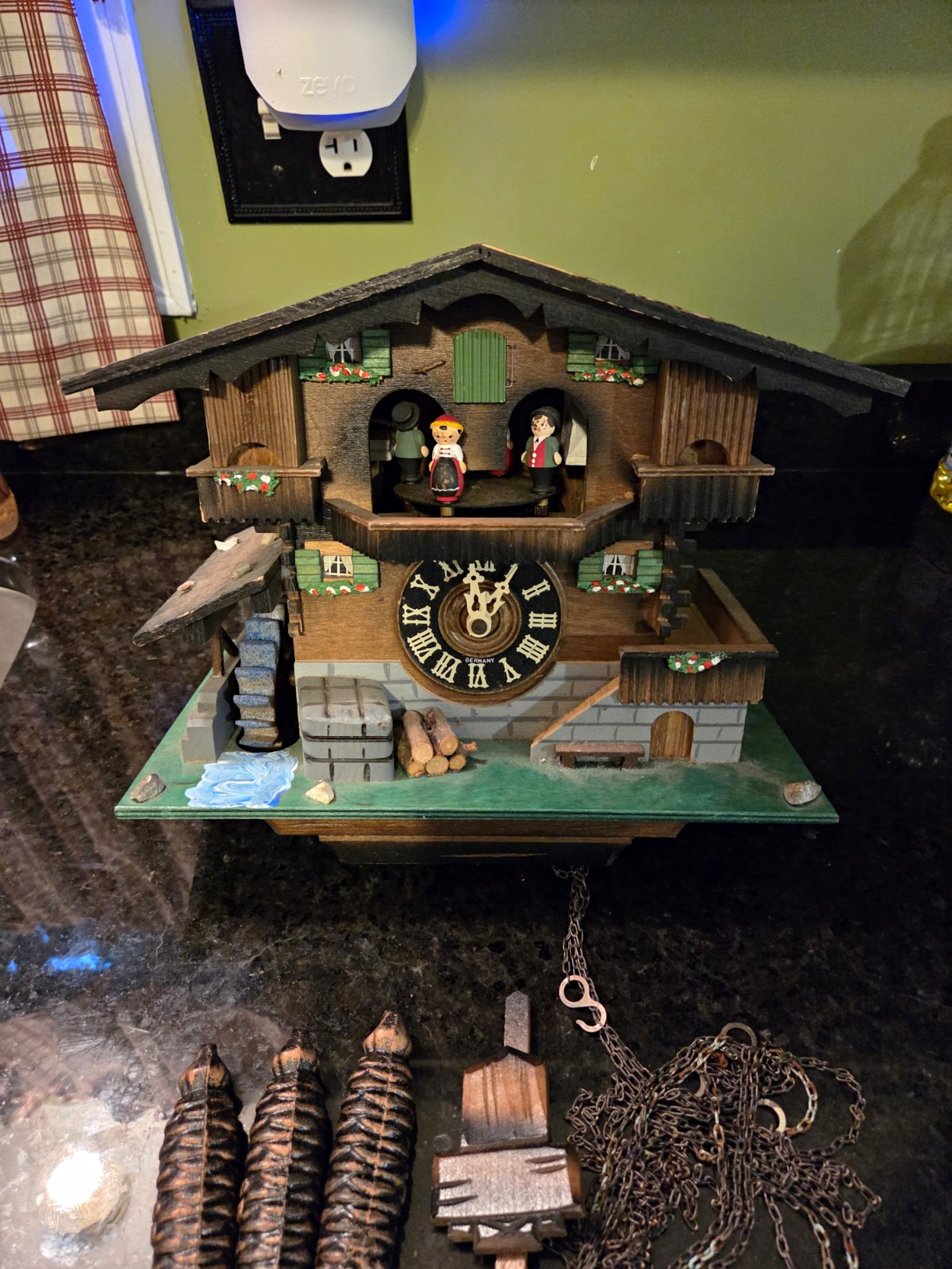 Vintage German Chalet Cuckoo Clock Musical Dancers Waterwheel - UNTESTED