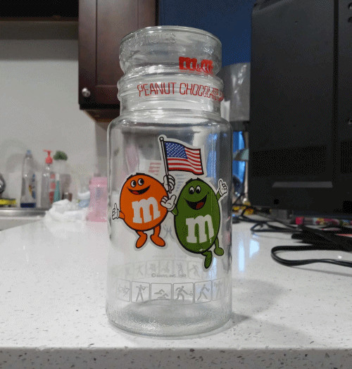 M&M\'s Olympic Commemorative Glass Jar With Lid Mars Inc. New 1983 M&M\'s Olympic Commemorative Glass Jar With Lid Mars Inc. New 1983