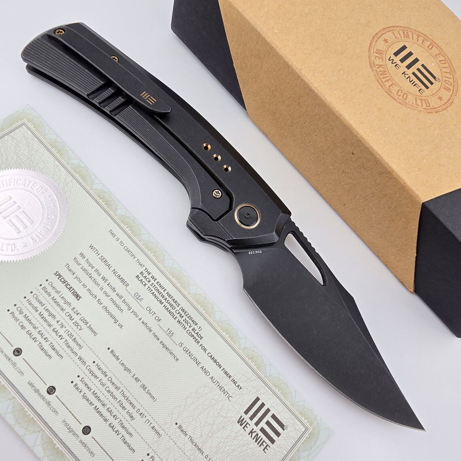 WE Knife Co Nefaris Folding Knife Titanium & Copper Foil Carbon Fiber 20CV Blade