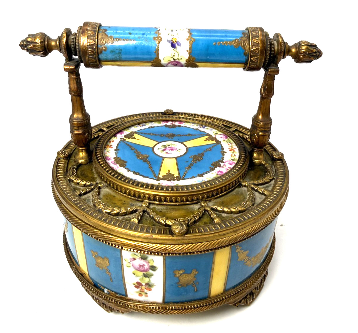 Antique Rare Sevres French 1850's Porcelain Bronze Mounted Handle Bon Bon Box